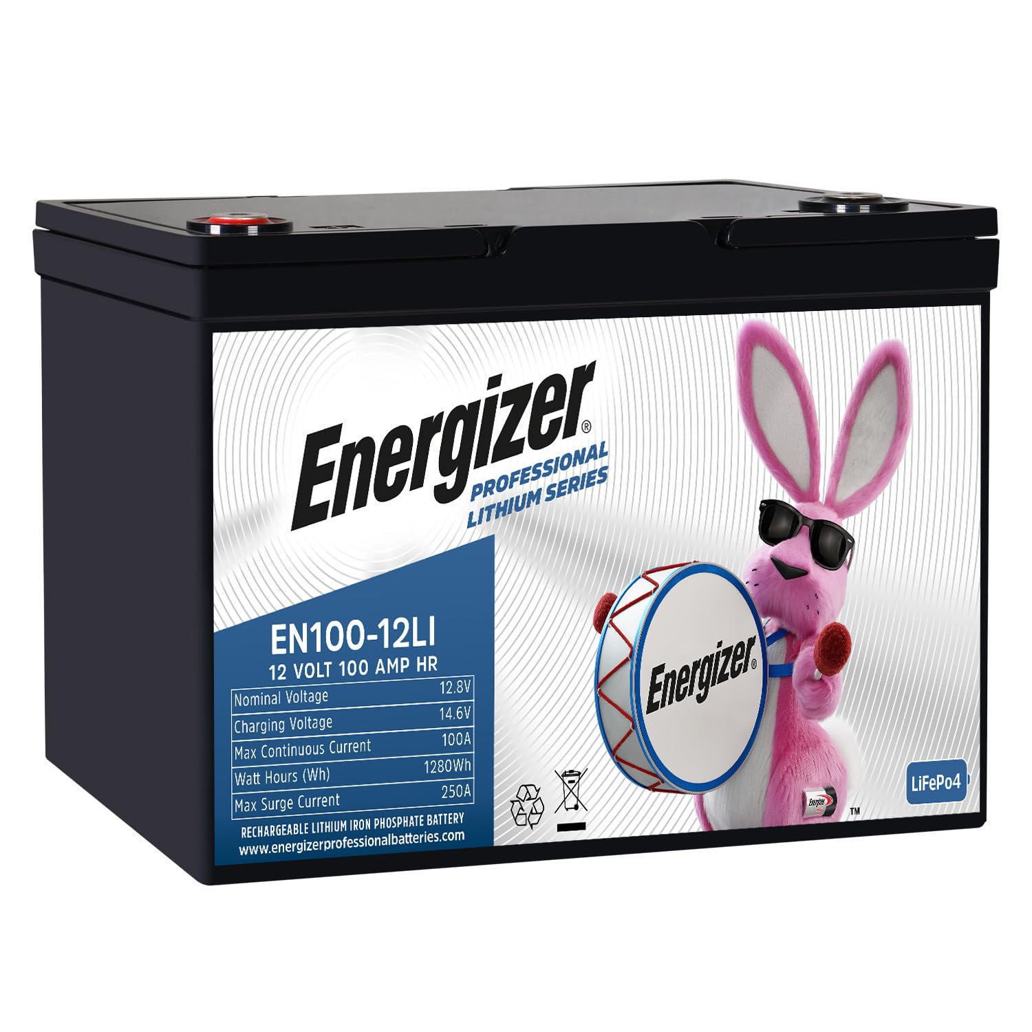12V 100Ah LiFePO4 Lithium Long Lasting Lightweight Rechargeable Battery with BMS Protection by Energizer – Standard, Model EN100-12LI
