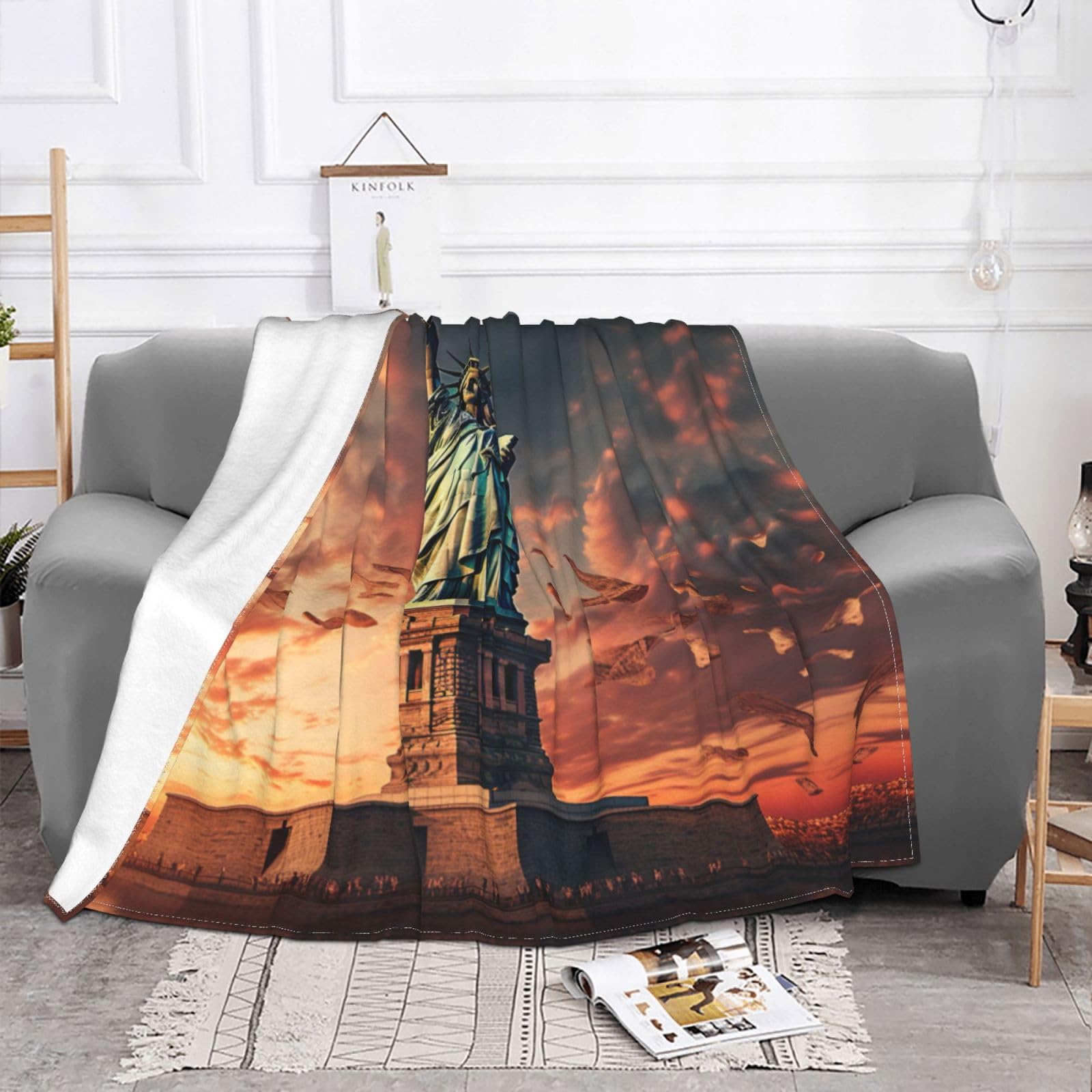 Coperta decorativa morbida e calda in flanella per bambini, cane, gatto, 127 x 152 cm, con stampa della statua della libertà a New York