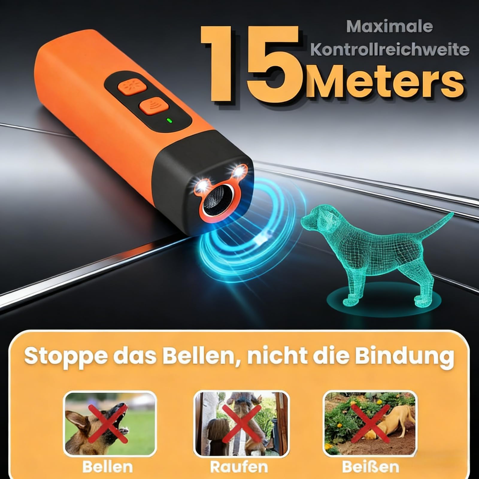 Dr Zampe RuheMeister Pro Antibell dispositivo ultrasonico con 3 livelli di frequenza, ricaricabile e torcia a LED, per cani piccoli e grandi, uso interno ed esterno (arancione)
