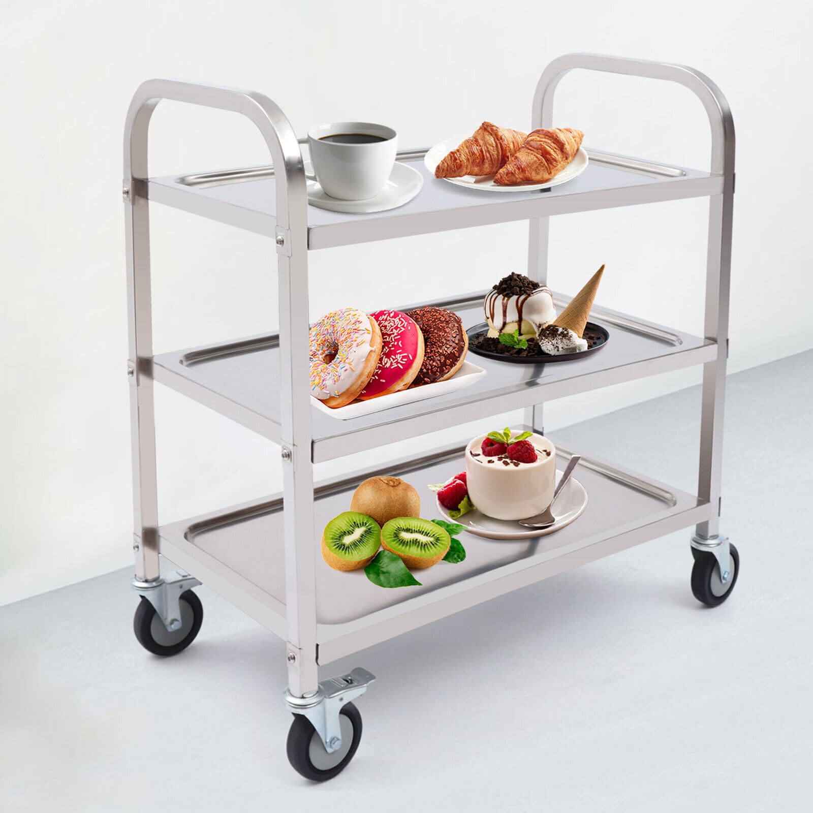 Carrello da cucina in acciaio inox, con 4 ruote girevoli a 360°, per il trasporto, per ristorante, cucina o hotel, 75 x 40 x 83,5 cm