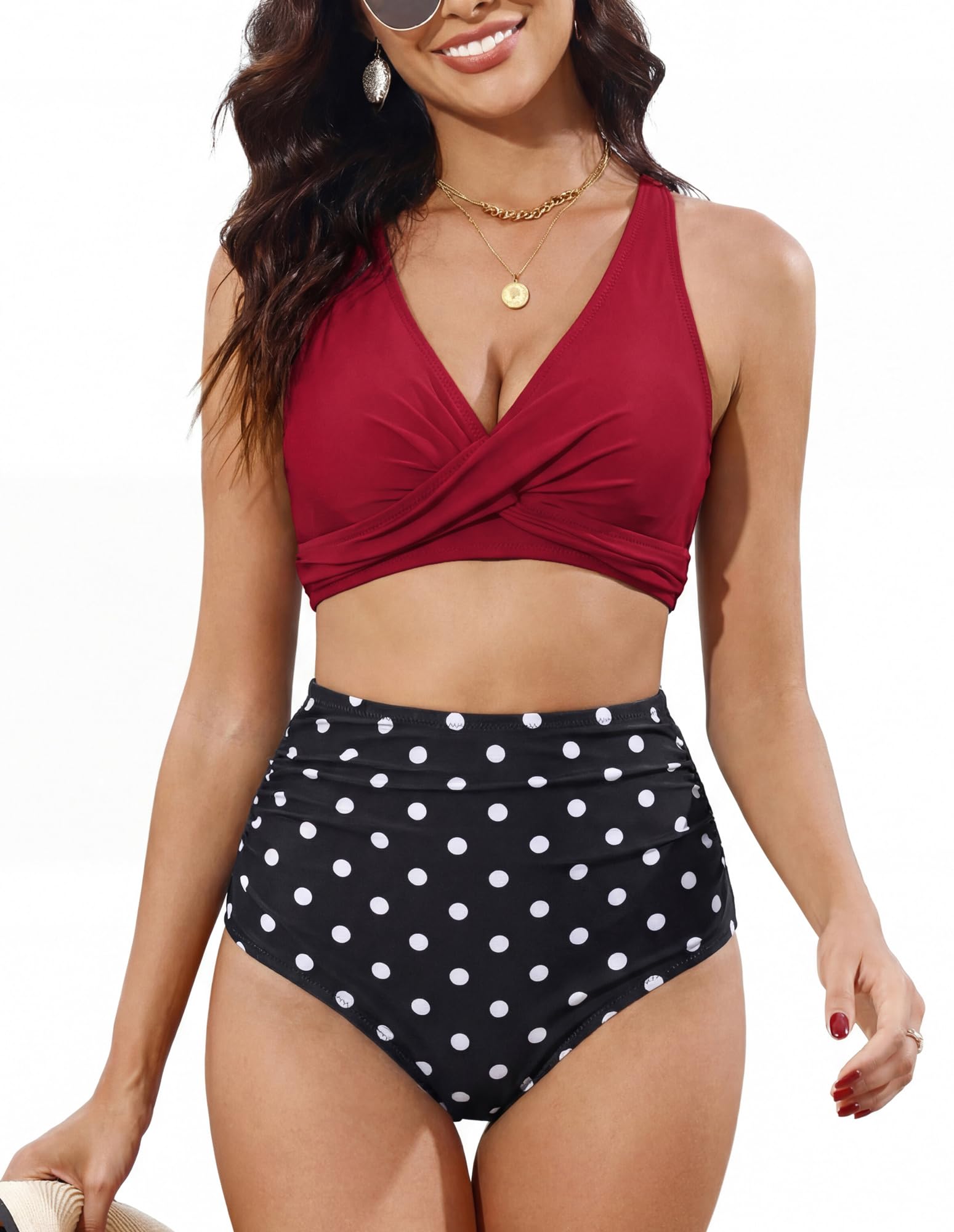 JASAMBAC Bikini-Set für Damen bauchweg, Twsit Cross Push up Bikini-Oberteil und High Waist Bikini-Unterteile, weiche hochwertige Bademode Badeanzüge für Strand, Pool mit verstellbaren Schultergurten