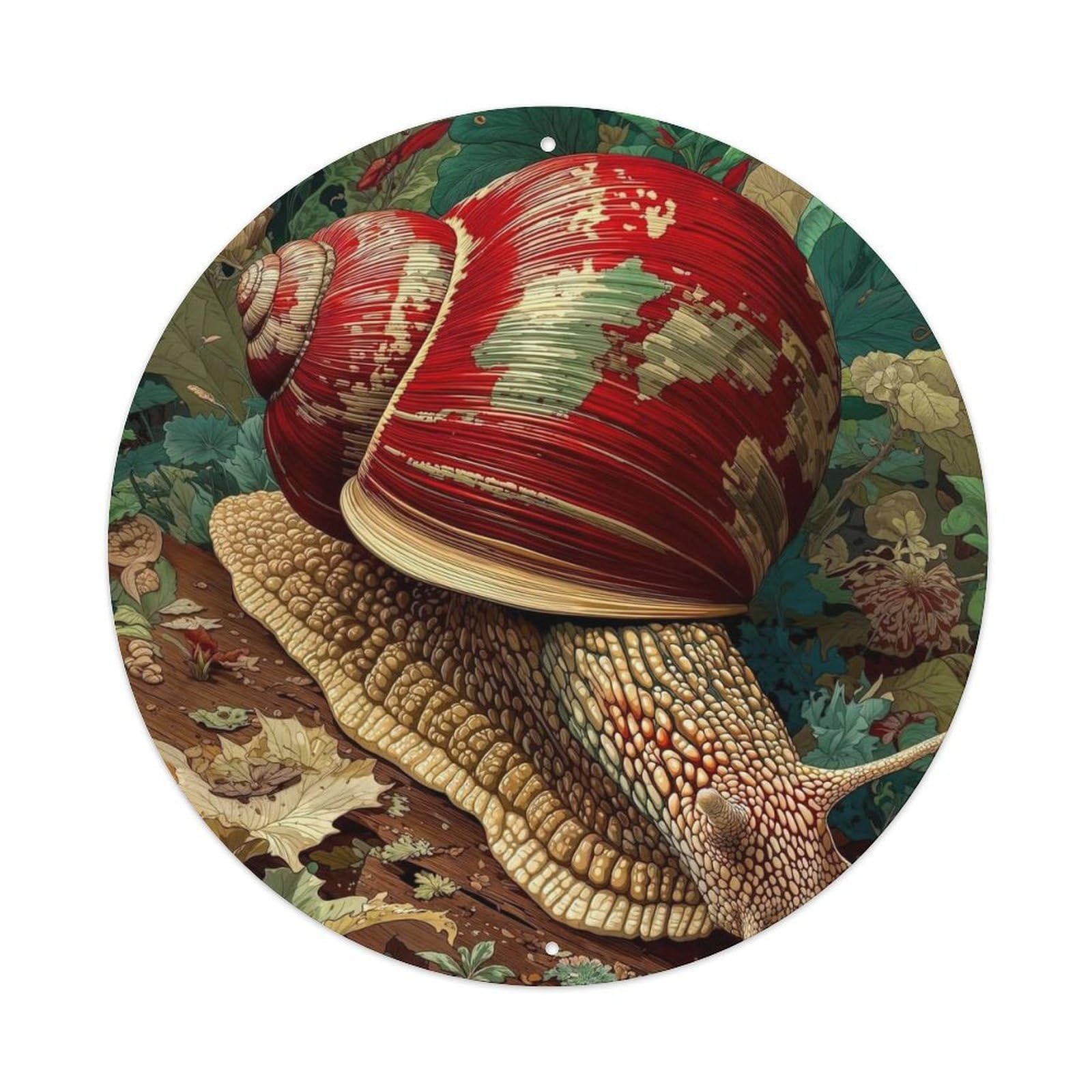 Animal Giant Snail with Tropical Leaves Maple Red Blooms Eco Art Vintage Metal Tin Sign Plaque Wall Decor for Cafe, Club Bar, Office, Garden Metal Poster 8x8Inch