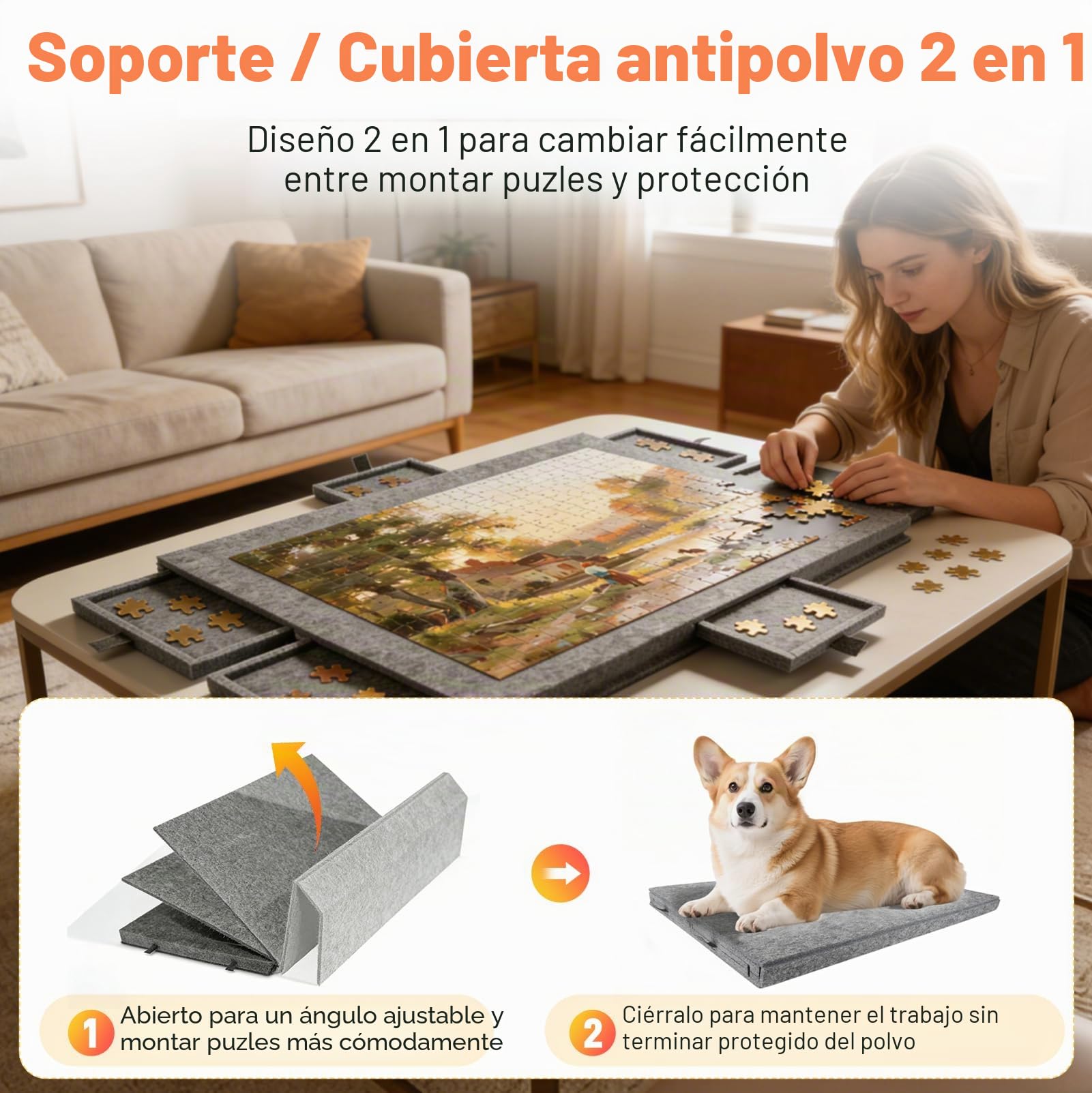 Tablero Puzzle Inclinable con Tapa, Mesa Portátil Puzzle para 1000 Piezas