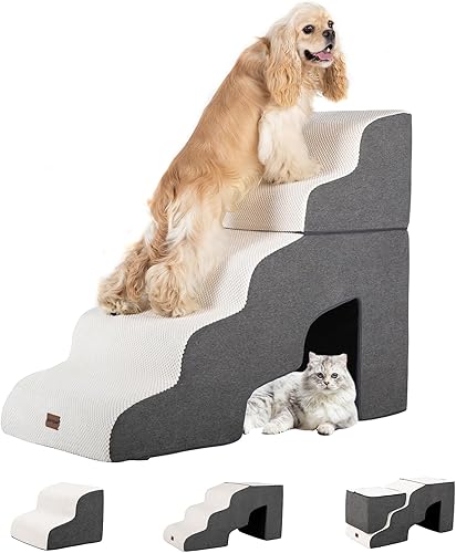 Miniatura 12 de Escaleras de perro para camas altas con túnel, 5 escalones para perros pequeños y gatos, escaleras plegables para mascotas para subir a camas altas,