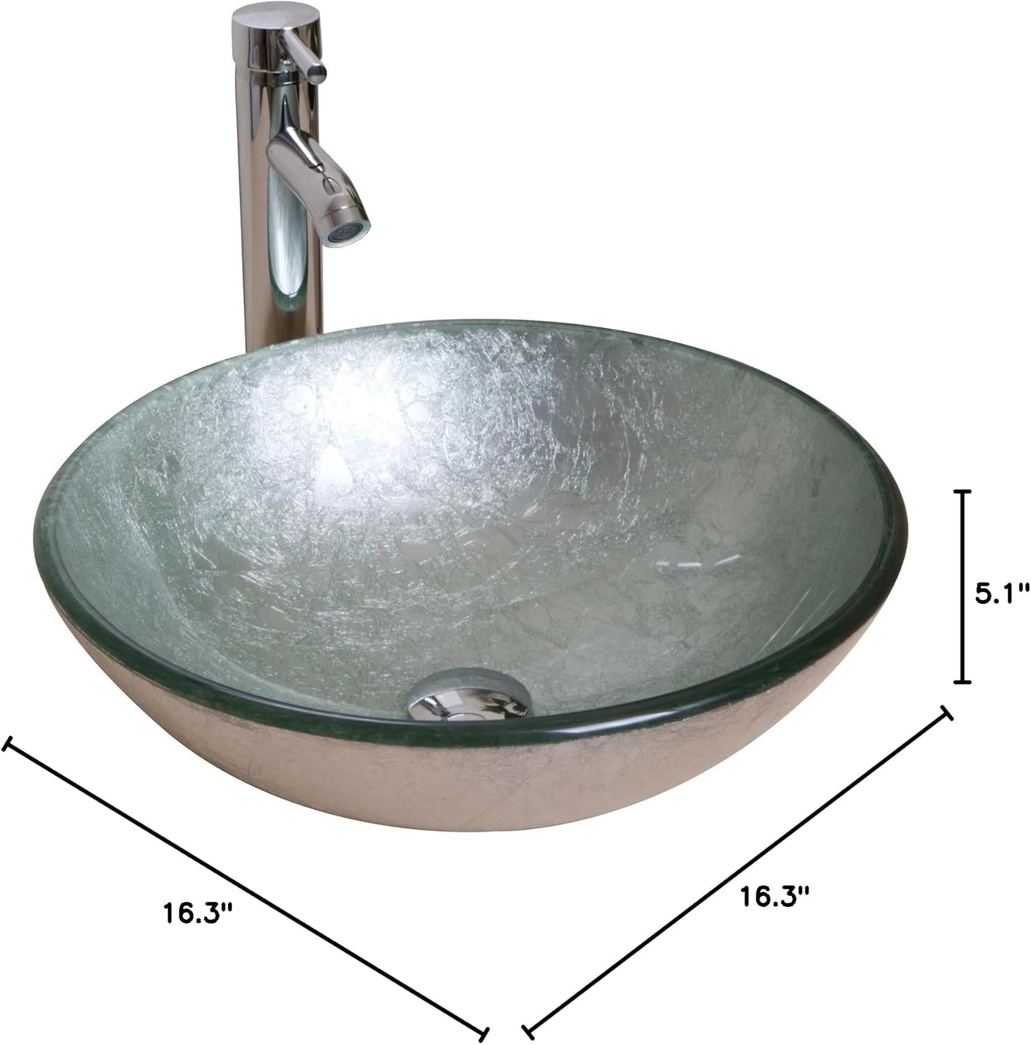 Silver Green Round Temepered Glass Sink With Chrome Faucet And Pop Up Drain Set