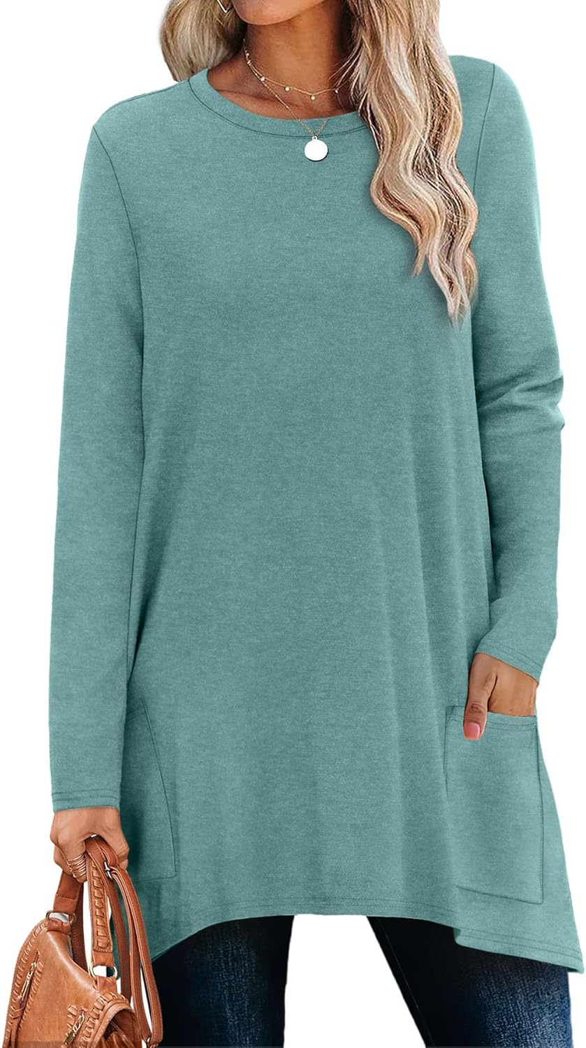 XIEERDUO Womens Tunic Tops Long Sleeve Crew Neck High Low Hem Loose Fit Shirts Blouses with Pockets - Image 2
