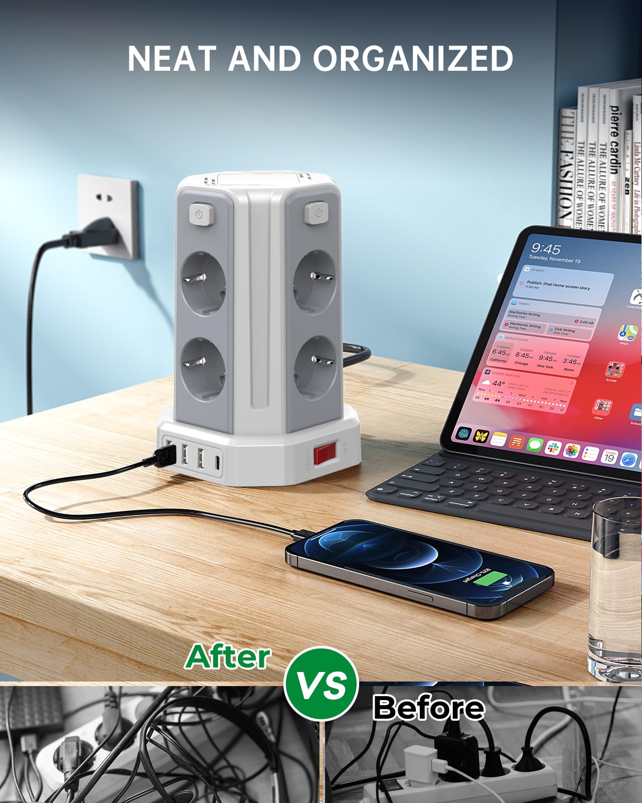 Ciabatta elettrica a 8 prese, 4 commutabili singolarmente, 2 m, con 4 USB | Cavo di prolunga con spina multipla e protezione da sovratensione, per casa e ufficio