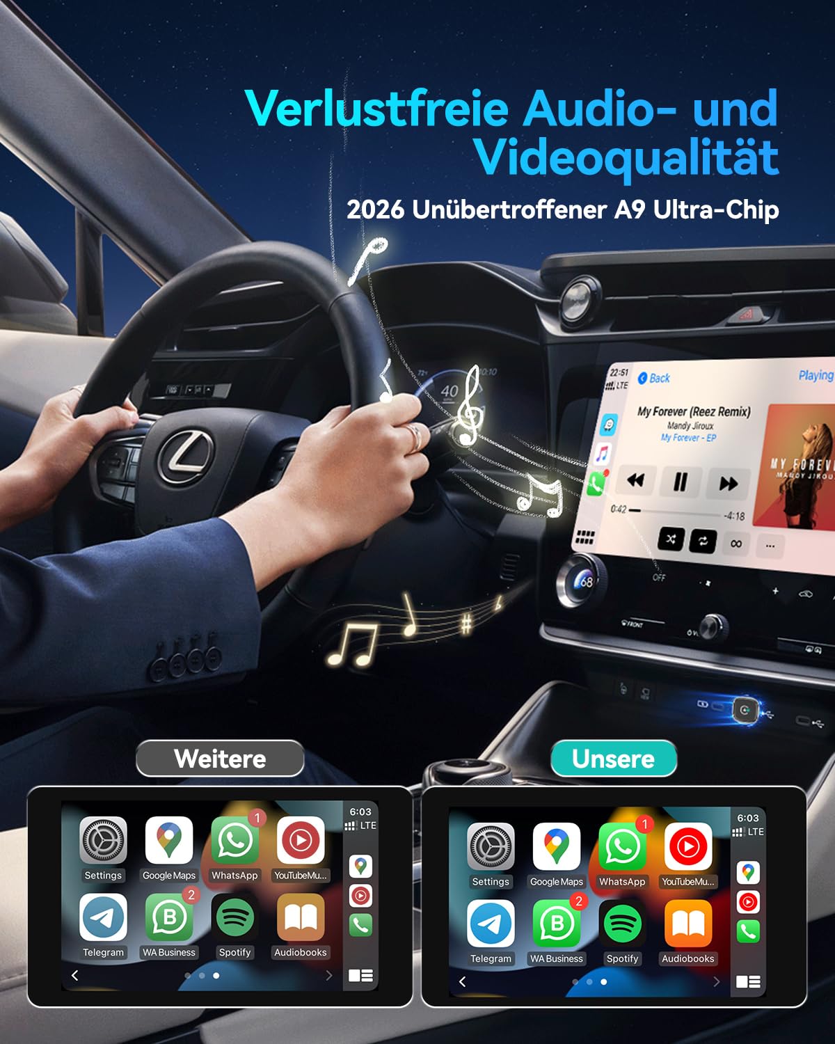 Mini Wireless CarPlay & Android Auto Adapter 2026, WLAN 6 Kabellos Car Play Adapter, Stabil & Flüssig, 3-5s Auto‑Verbindung, überhitzungsfrei, USB‑C/A, für iOS 10+ & Android 10+ (Silber)