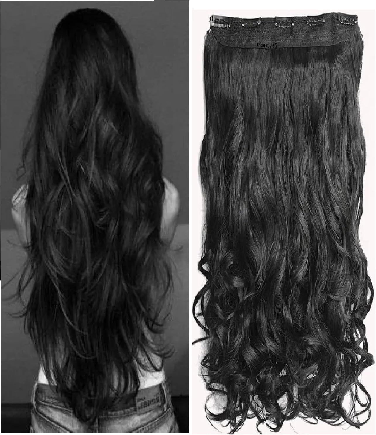 MoonEyes, Natural Curly/Wavy Hair Extensions in High Temperature Synthetic Fiber in 24 inch,5 Clips Head in 1 Piece For women and girls in (BLACK)