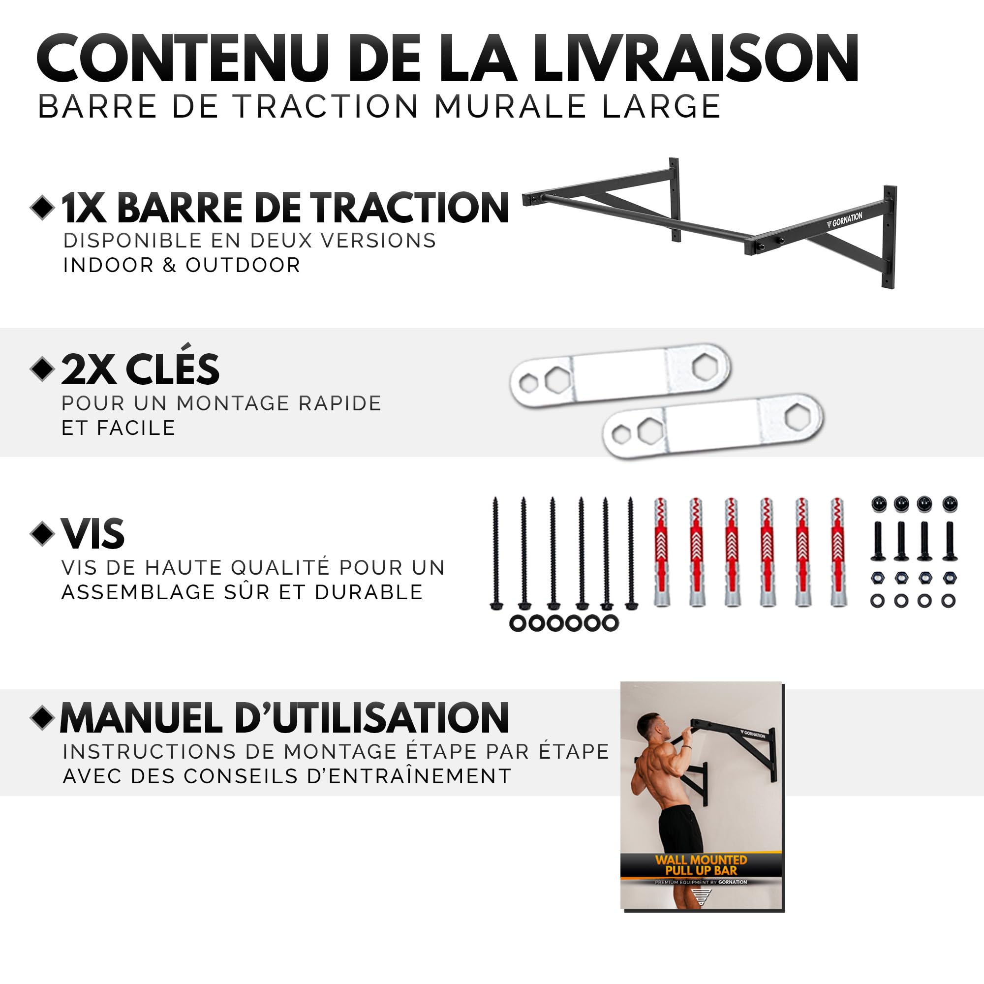 GORNATION Barre de Traction Murale, Barre de Fitness Gym à Domicile, Wall Pull Up Bar, Home Gym Bar pour Pull Up, Chin Up, Muscle Up, avec Kit de fixation inclus
