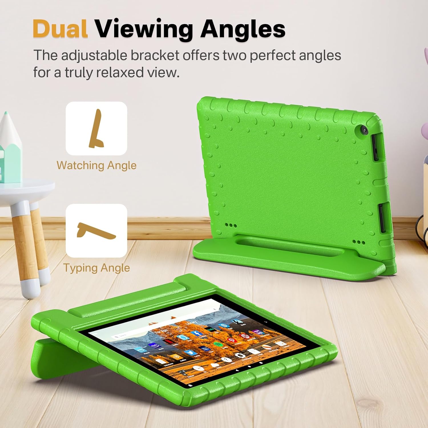 Kids Case for Amazon Kindle Fire HD 10 5th/7th/9th Generation 2015/2017/2019 Released, Shockproof Protective Tablet Cases with Adjustable Handle Stand, Green