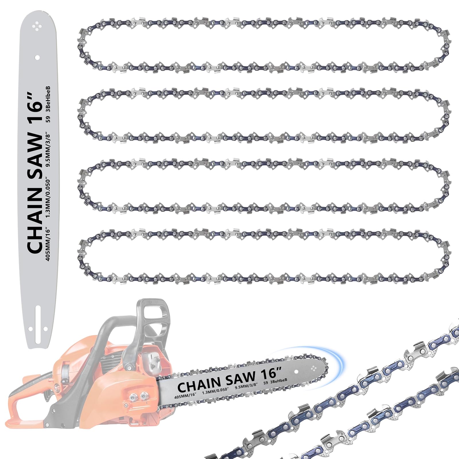 4 Stück 16 Zoll Sägeketten mit Schwert Länge 16"/40cm, 16" Kettensäge Kette, 59 Antriebsglieder, 0.050" Gauge(1.3mm), 3/8"Ersatzkette Profi Kette Passend für Diverse Motorsäge Kettensäge