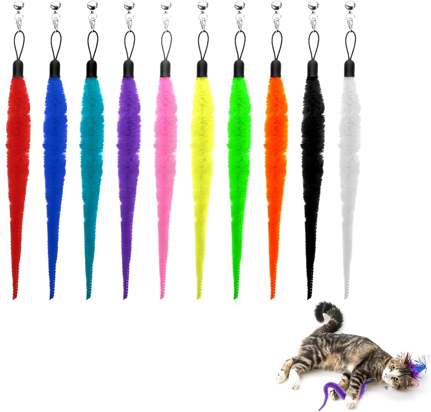 10 Packs Cat Worm Toy Cat Wand Attachments Worms Toy Refills Interactive Cats Wand Replacement for Indoor and Ourdoor Teaser Play and Chase Exercise with Kitten(Multi Colored)