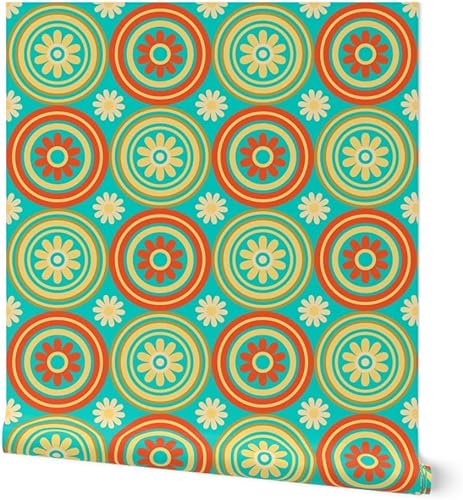 Spoonflower Peel & Stick Wallpaper 3ft x 2ft - Retro Floral Tile Circles Mid Century Midcentury Modern Turquoise Orange Yellow Vintage Geometric disponible en Yaxa Peru