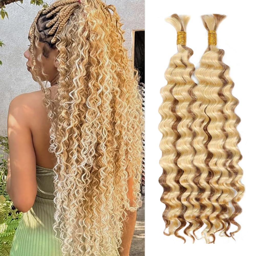 Blonde Human Braiding Hair 20 Inch 100g #27 Deep Wave Bulk Human Hair for Braiding No Weft Curly Bundles Hair Extensions for Boho Knotless Wet and Wavy Braids 27/613 Color