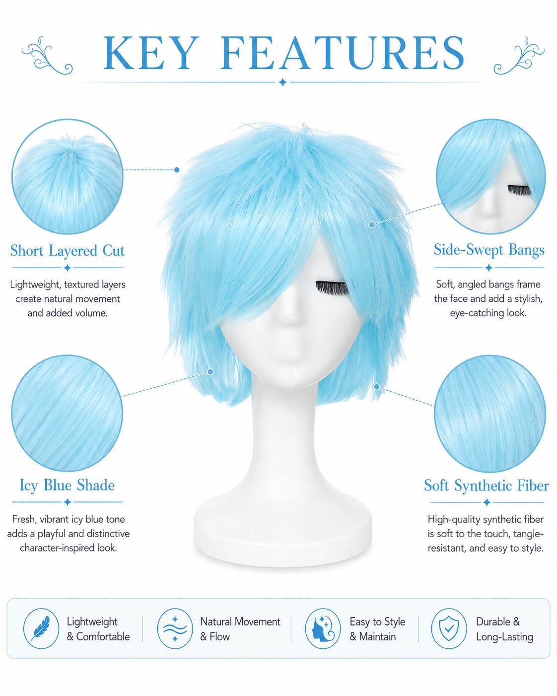 Rose bud Aqua Blue Anime Wig Cosplay Layered Wigs with Bangs for Women Men image 3
