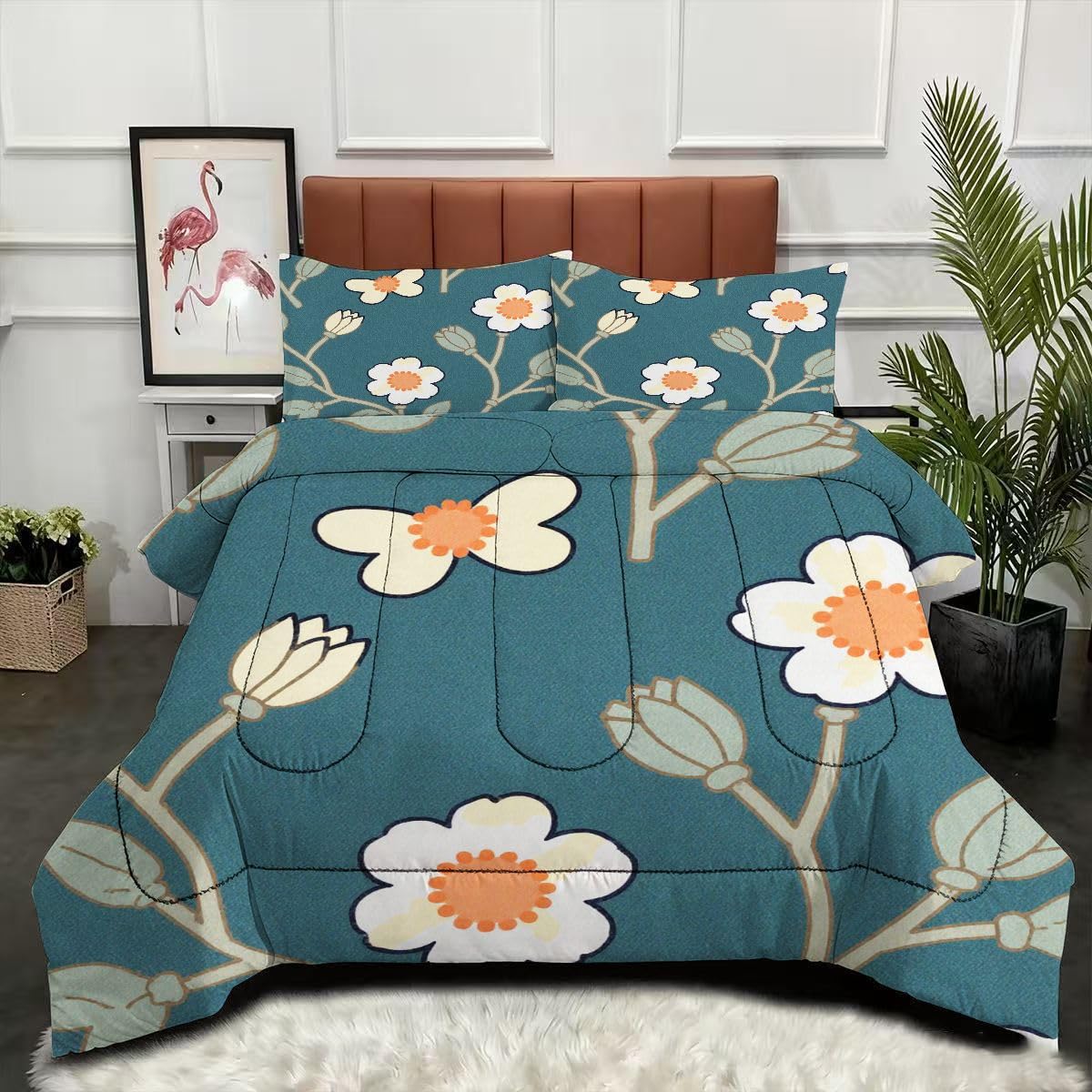 Couette imprimée 3D florale 140x200 cm avec 2 taies de oreiller pour lit simple