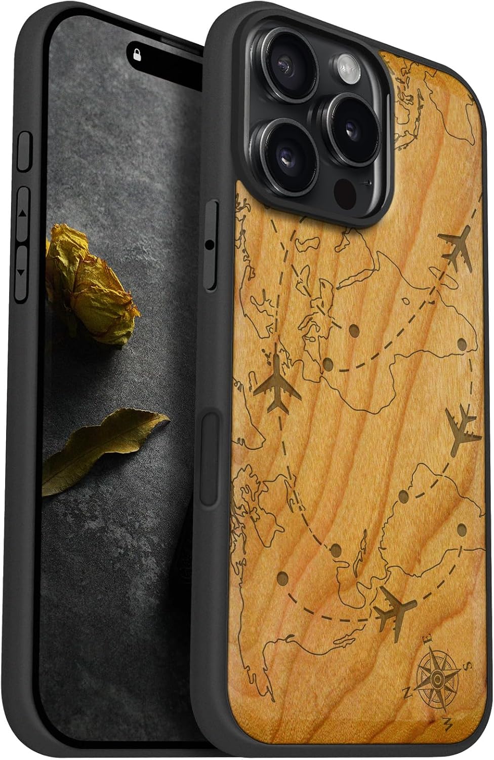 Carveit Magnetic Wooden Case for iPhone 16 Pro Max Case, Wood Artisan Engraved & Black Soft TPU Shockproof Cover, Compatible with MagSafe Wireless Chargers (World Flight Network) Cherry