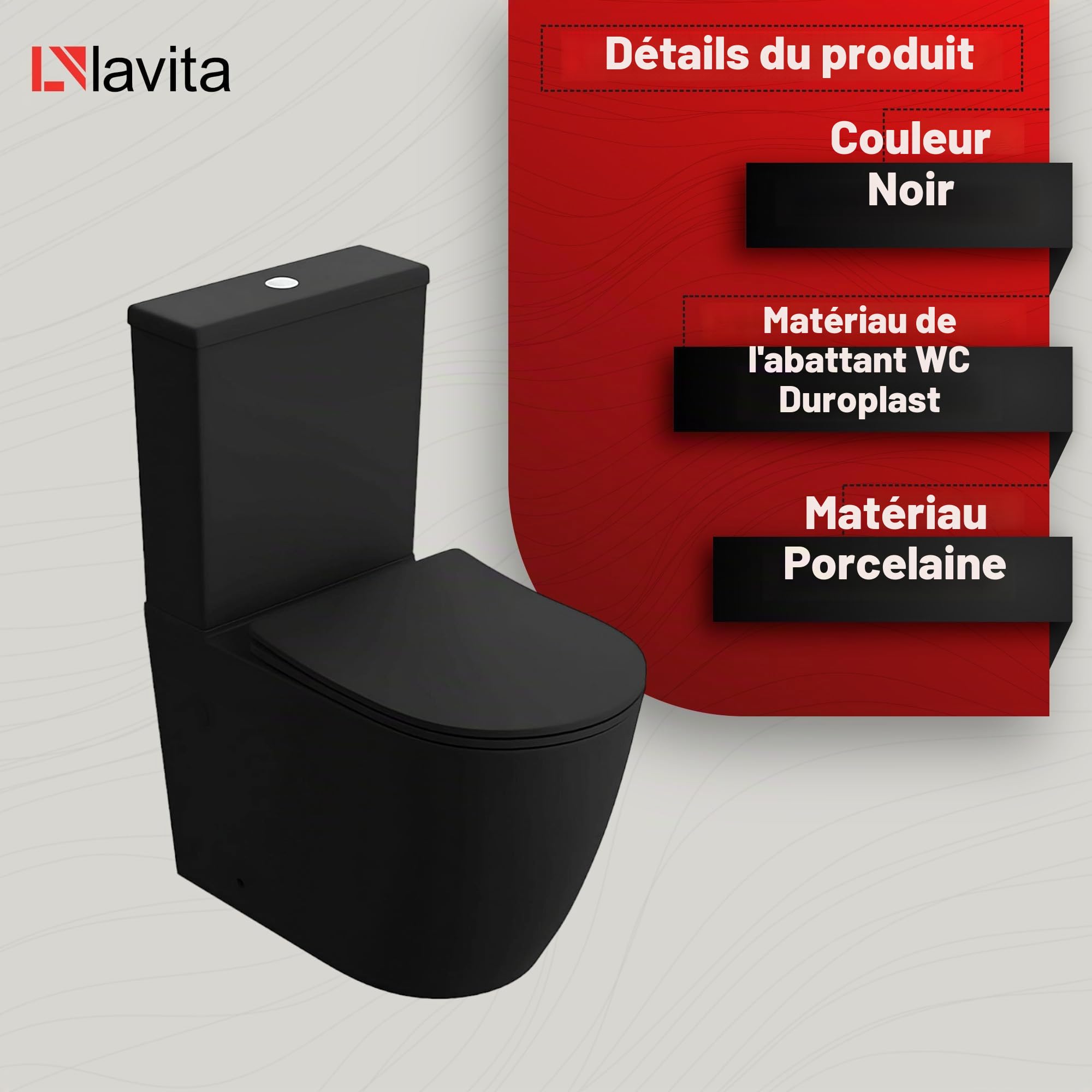 LAVITA Eendelig staand toilet met ingebouwde spoelkast NAUTILIUS BLACK WC-deksel met softclose Keramisch toilet Randloos toiletpot Toiletpot Staand + WC-aansluitstuk