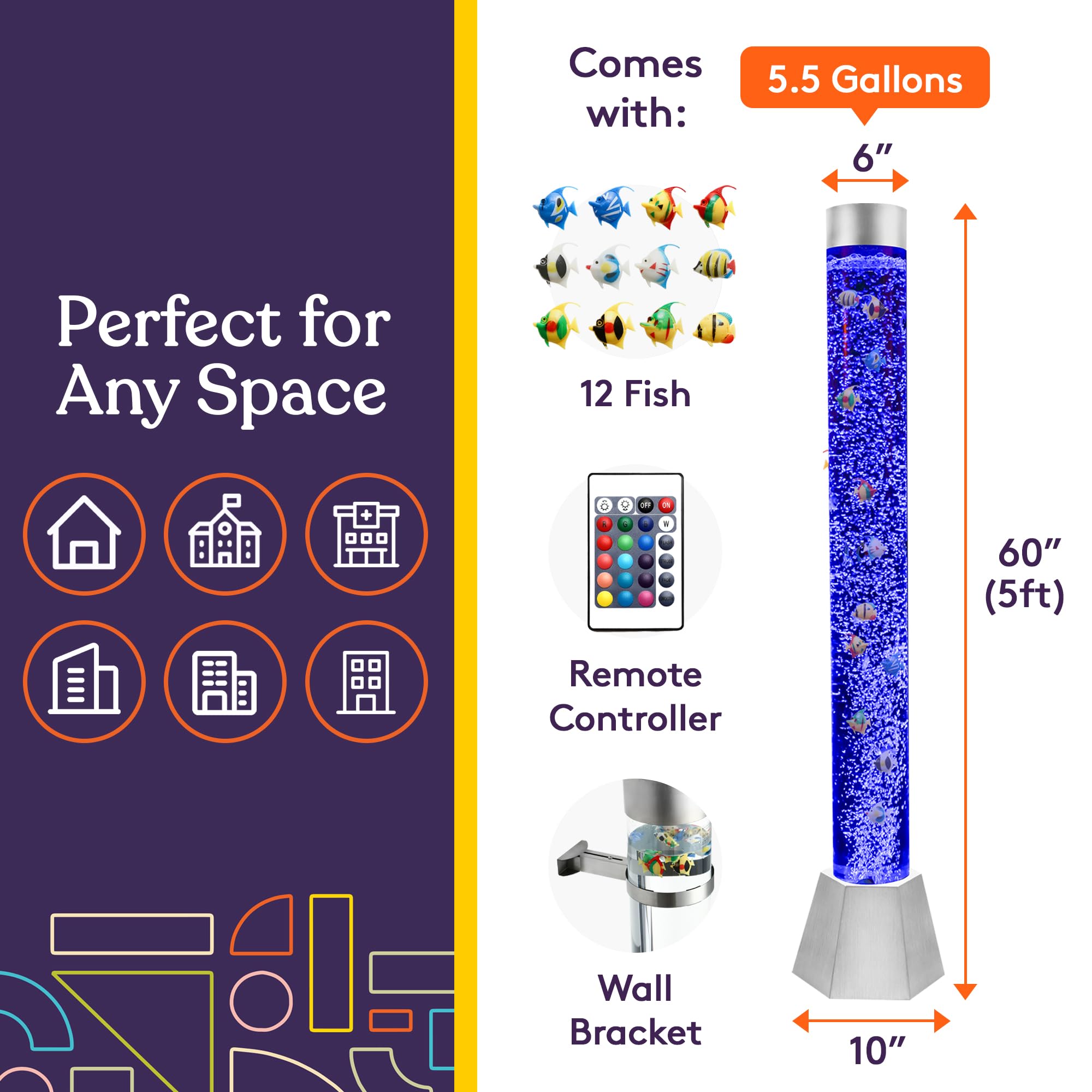 Special Supplies Aquarium Sensory Fish Bubble Light Tube with 16 LED Color Changing Nightlight Effect, Remote Control-Includes 12 Fish, Floor Standing Lamp for Kids and Adults (5 ft) (Diamond)