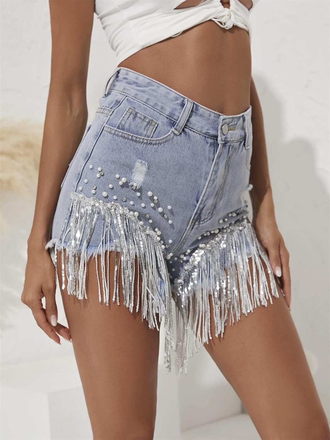 LifeShe Women Denim Short Rhinestone Pearl Beaded Fringe Tassel Jean Shorts - Image 5