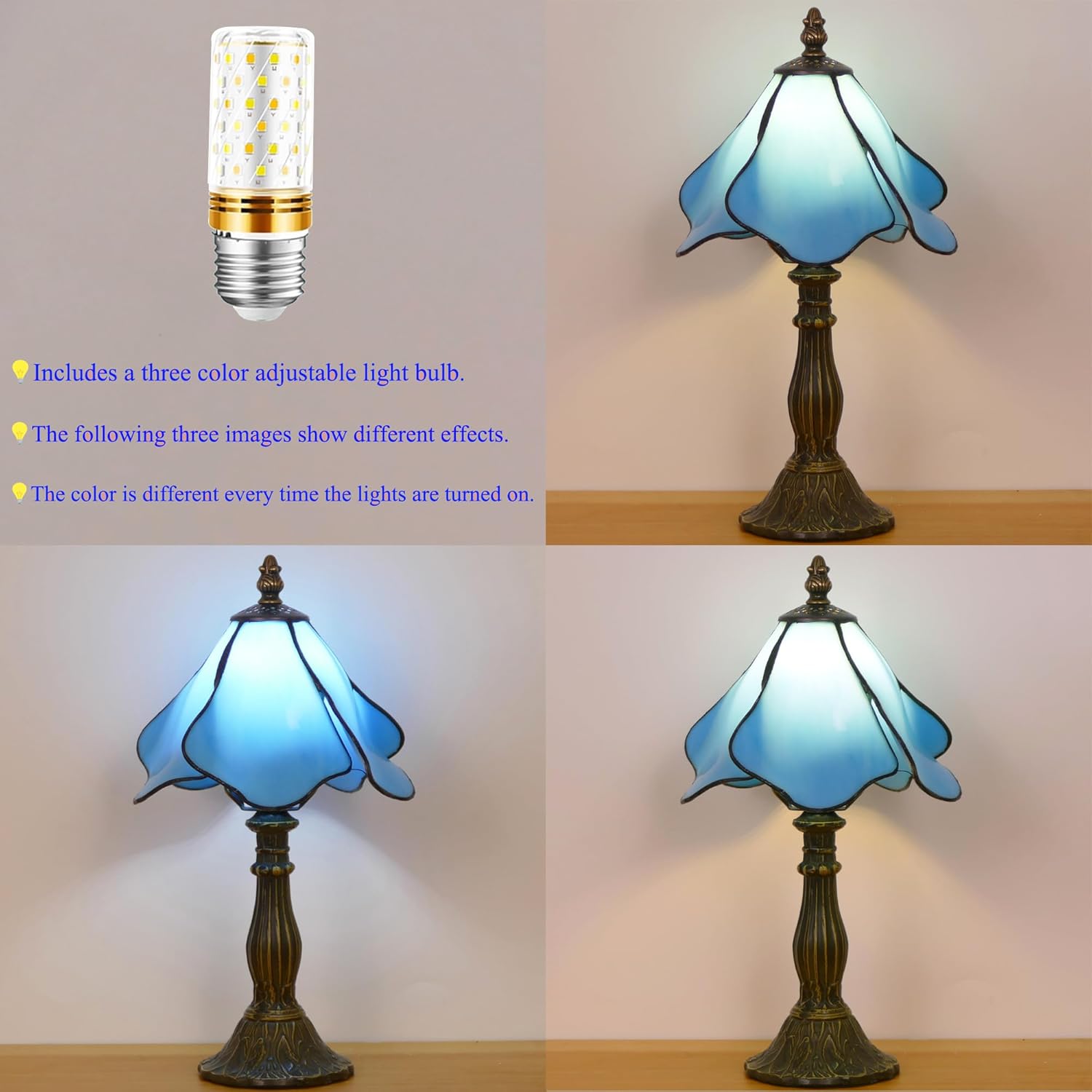Small Tiffany Lamp Mini Stained Glass Table Lamp Bedside Accent Lamp Memory Sympathy 8X14.5 Inch (Blue)