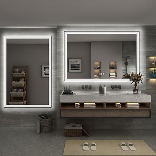 Miniatura 8 de Espejo de baño LED enmarcado de 60 x 40 pulgadas, espejo de tocador grande regulable con luces, antivaho, inastillable, memoria (retroiluminado e