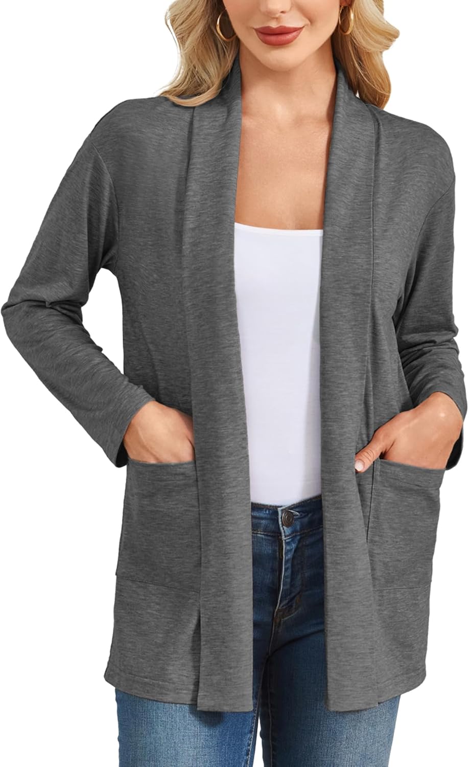 Besshopie Women's Lightweight Cardigan Long Sleeve Open Front Fall Sweater Dusters Shrugs with Pocket