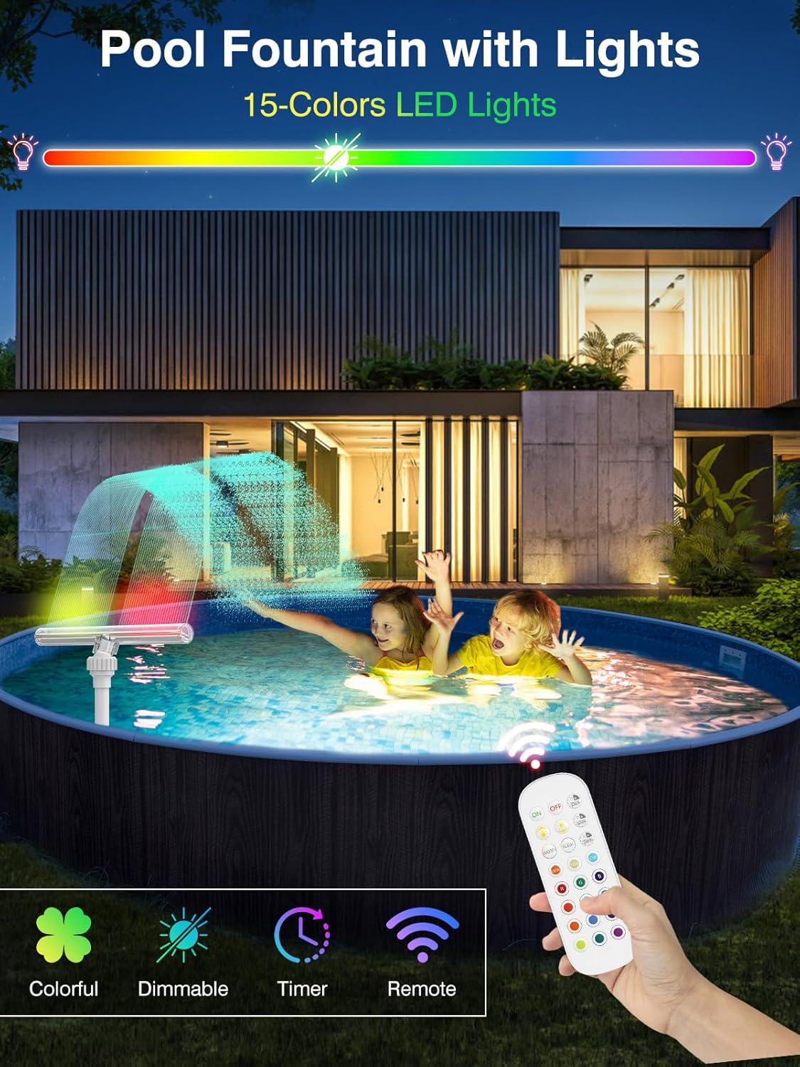 Solar Pool Fountain with 15-Color LED Lights, Adjustable Water Pressure & Angle, Fun Pool Sprinkler Waterfall for Above & Inground Pools, Ponds & Outdoor Decorations