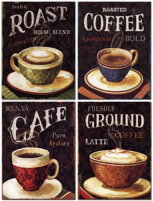 My Easy Art- Coffee Cafe Wall Art Kitchen Decor Retro Coffee with Letters in Vintage Style Canvas Pictures Artwork Modern 4 Panel Painting Prints for Living Dining Room