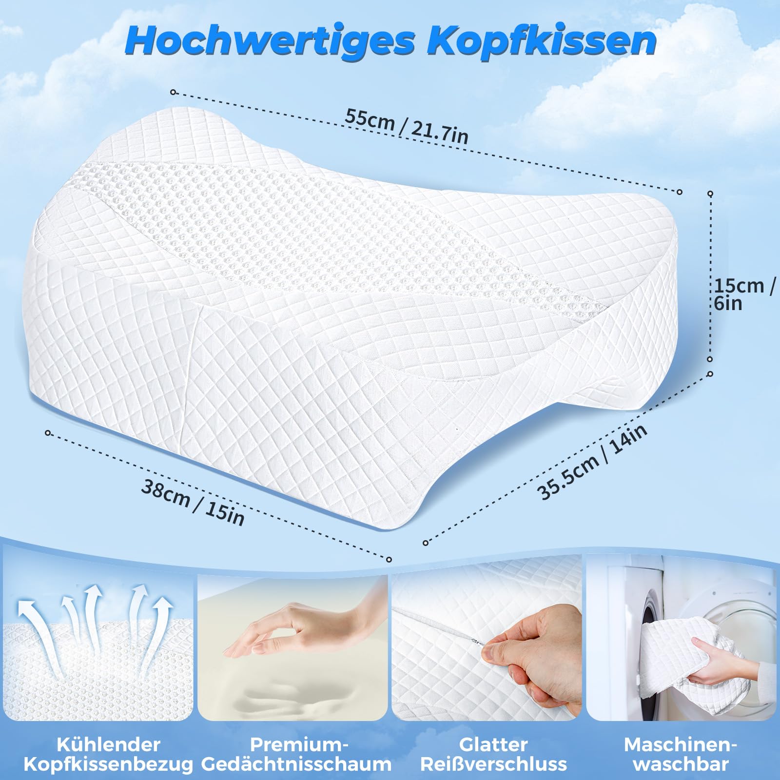 SAHEYER Seitenschläferkissen mit Armloch, Ergonomisches Kopfkissen, Memory Foam Kissen, Multi-Angle Armholes Nackenkissen für die auf der Seite/Rücken/Bauch schlafen