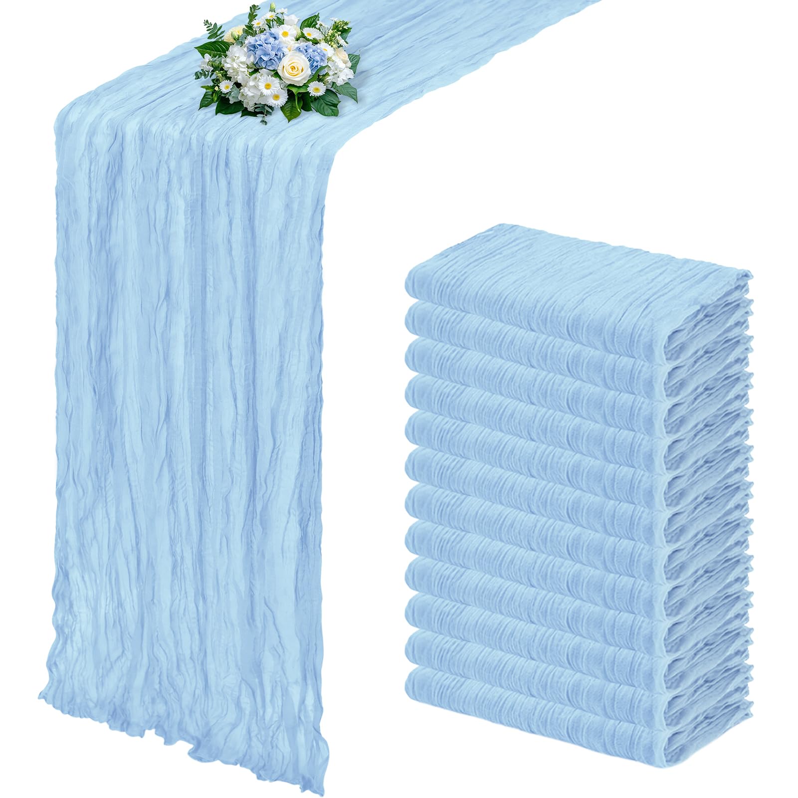 12 Pack Baby Blue Cheesecloth Table Runner 17x108 Inch Semi Sheer Boho Gauze Cheese Cloth Fabric Table Runners, for Wedding Party Baby Shower Birthday Home Decor Garden Farmhouse