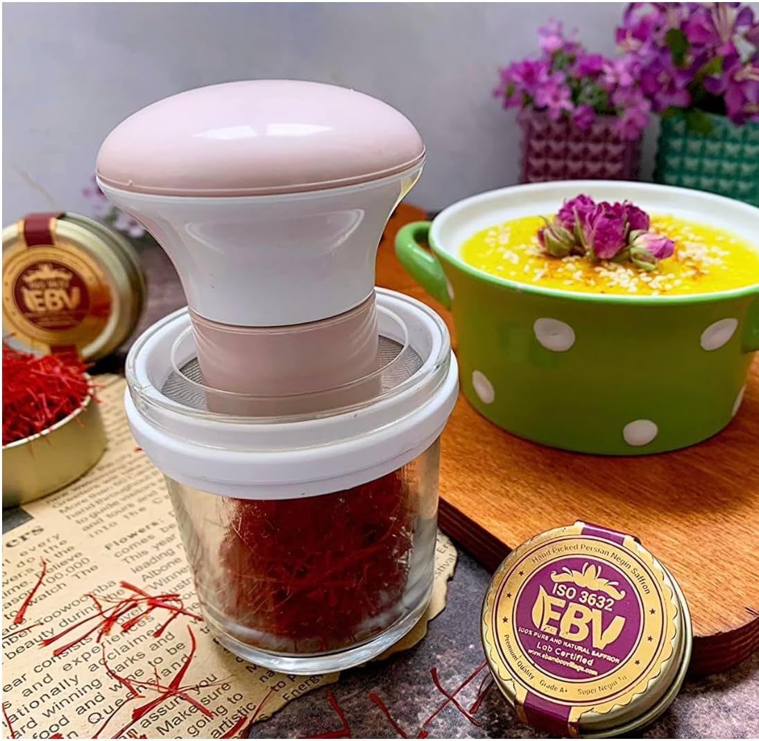 Deluxe Saffron Mill Grinder – Handheld Glass Spice Grinder for Saffron Threads – Fine Powder Mortar with Mesh – Ideal for Cooking, Tea, Herbal Use – Durable Design with Moisture-Proof Lid_Grey Color