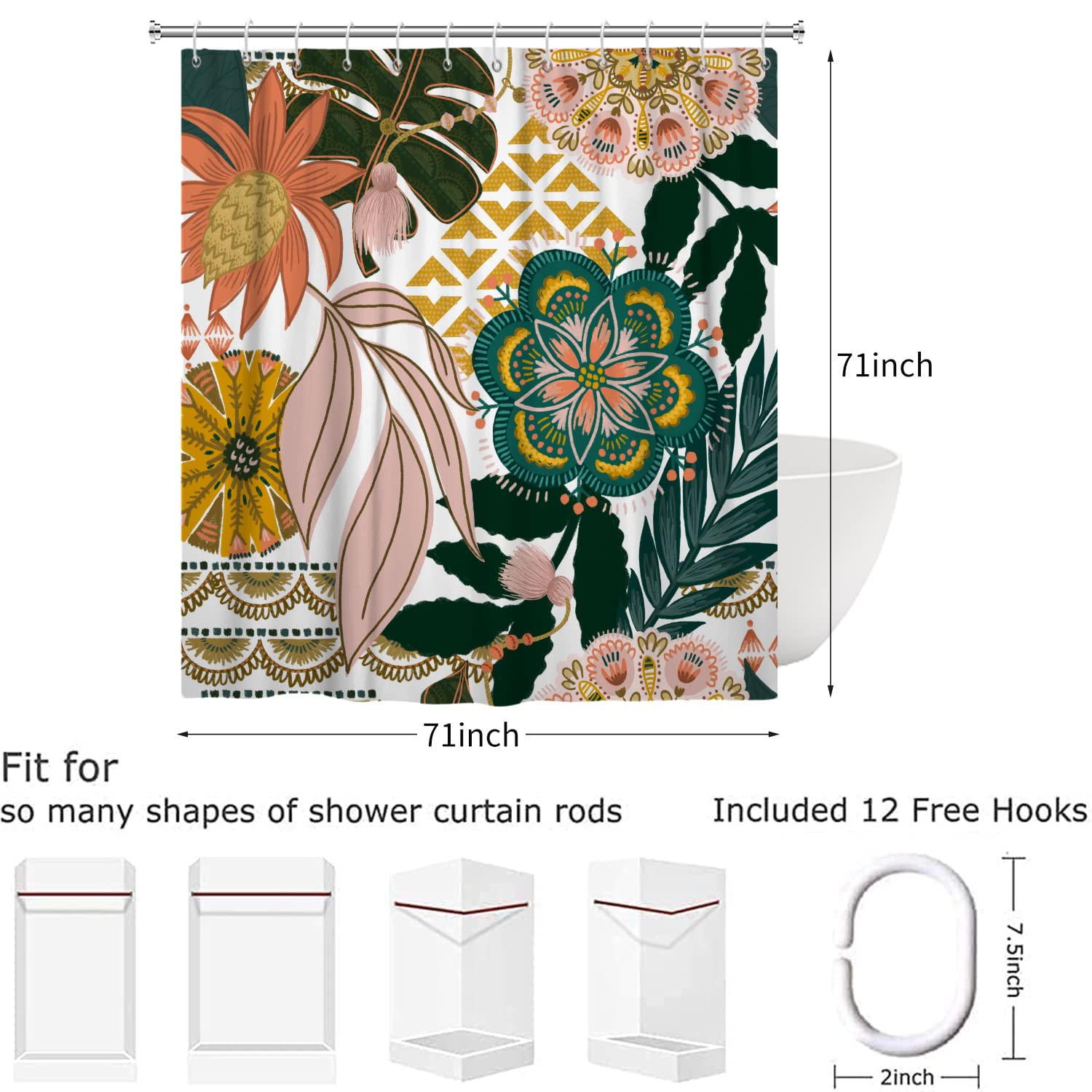 Rideau De Douche Boho Floral 180x180 Cm – Orange Et Vert, Style Rétro – Imperméable, Anti-moisissures, Avec 12 Crochets