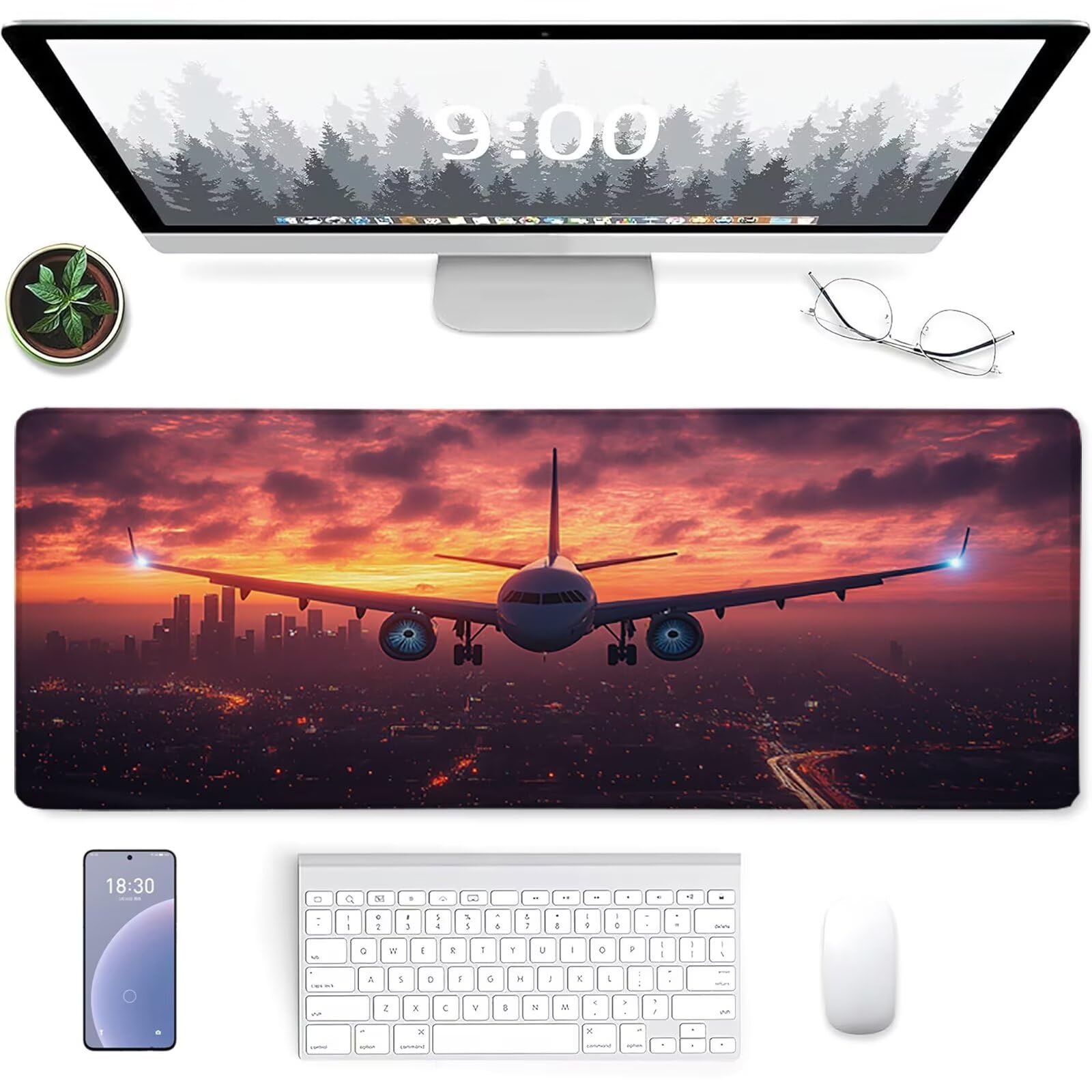 Tramonto Tappetino Mouse XXL, Tappetino Scrivania Grande 1200x600x3mm Aereo, Sottomano Scrivania con Bordi Cuciti, Mouse Pad con Base in Gomma Antiscivolo, Gaming Accessori, per Ufficio, Laptop U-1128