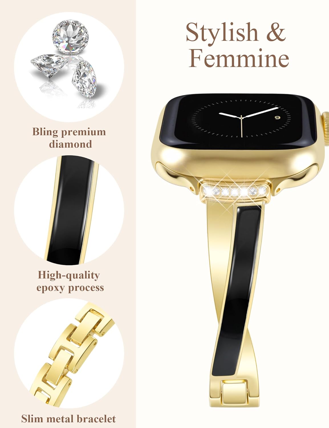 Gold Slim Band for Women Compatible with Apple Watch 38mm 40mm 41mm 42mm(S10/11) Designer Bling Jewelry Dressy Bracelet Adjustable Metal Strap for iWatch Series 11/10/9/8/7/6/5/4/SE 3/2/1 - Image 3