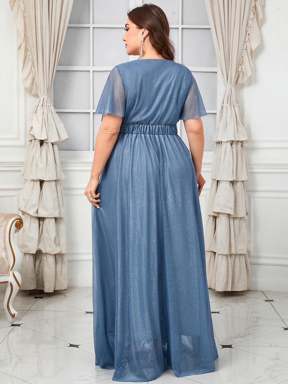 Women's Plus Size Formal Dress Sparkly V Neck Ruffle Sleeve A Line Evening Gown Wedding Guest Bridesmaid Dresses