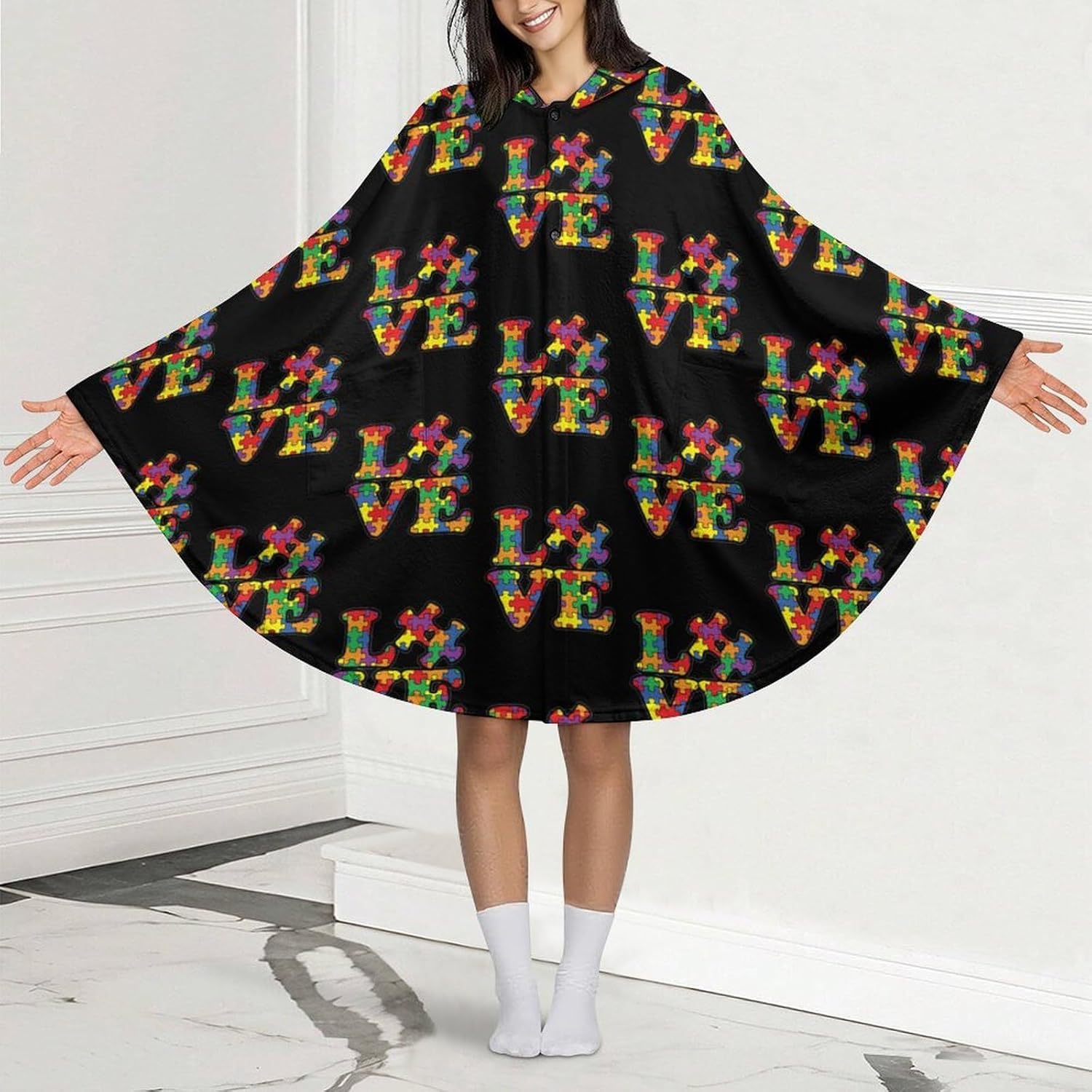 Love Autism Awareness Puzzle Wearable Blanket with Hooded Flannel Blankets Cape with Pocket