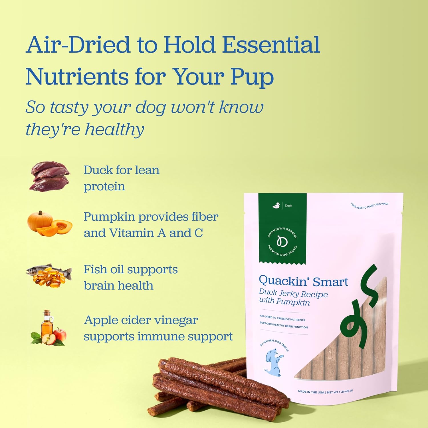 Downtown Barkery Meat Sticks - Air-Dried Duck Jerky Dog Treats Made in USA for All Breeds and Sizes - Grain-Free Dog Treats Without Artificial Flavors - Duck with Flaxseed & Pumpkin, 1LB