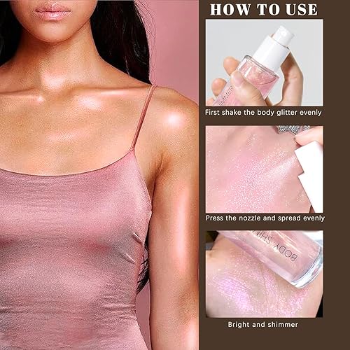 Vista 31 de Spray de purpurina corporal, brillo corporal de bronce hidratante, iluminador de brillo de brillo de secado rápido y no pegajoso para brillo facial