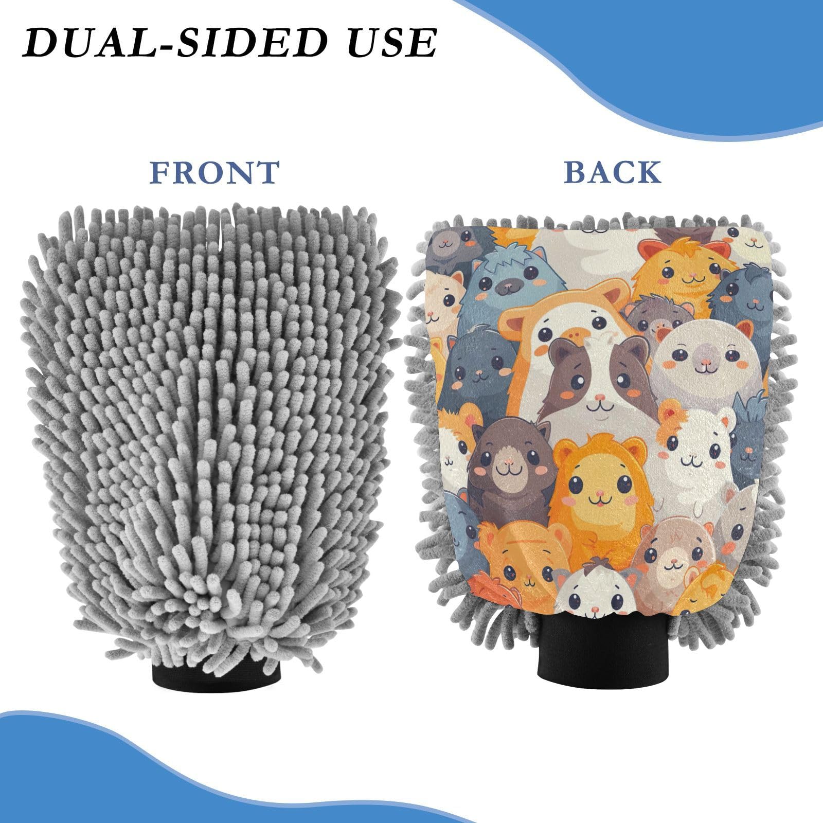 Kigai Cute Cartoon Animals Car Wash Mitt Microfiber, 2Pcs Scratch Free Lint-Free, Premium Chenille Microfiber Mitt Car Wash Brush-L