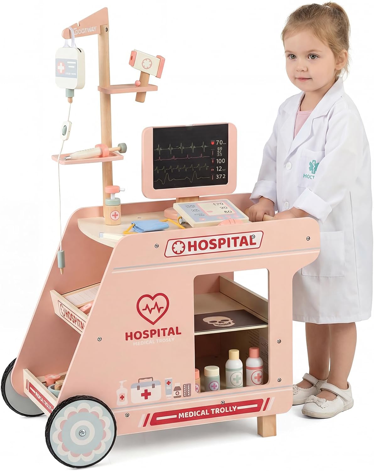 Costzon Kids Wooden Doctor Cart, Pretend Medical Station Toy Set w/ 24 Interactive Accessories, Rolling Wheels, Thermometer, Stethoscope & Rotary Screen, Toddler Mobile Doctor Activity Center (Pink)