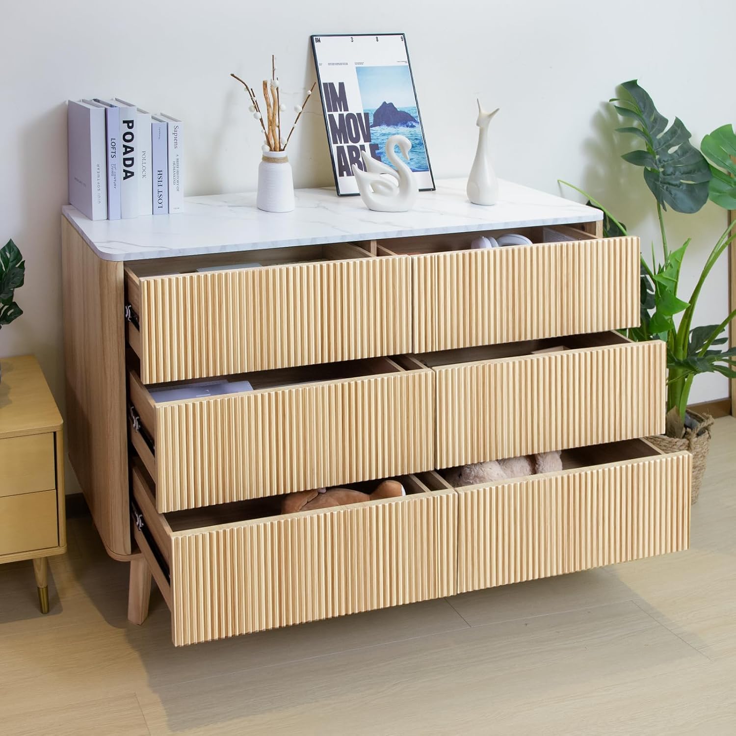 Fluted 6 Drawers Dresser for Bedroom,52" Wide Handleless Chest of Drawers with Faux Marble Top, Wooden Dresser TV Stand, Wood Drawer Organizer for Living Room, Hallway, Natural Oak - Image 6