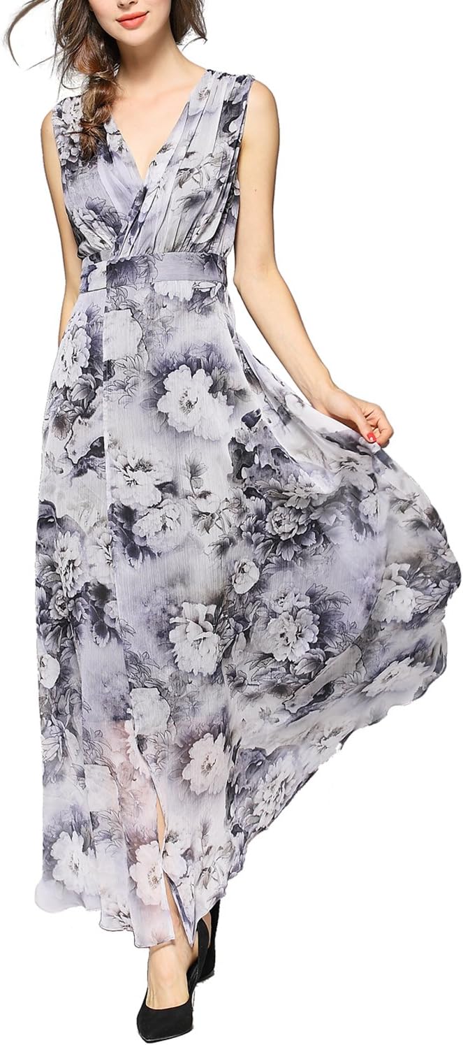 Womens Floral Peacock Evening Casual Split Loose Prom Party Maxi Dress, Grey, XXL