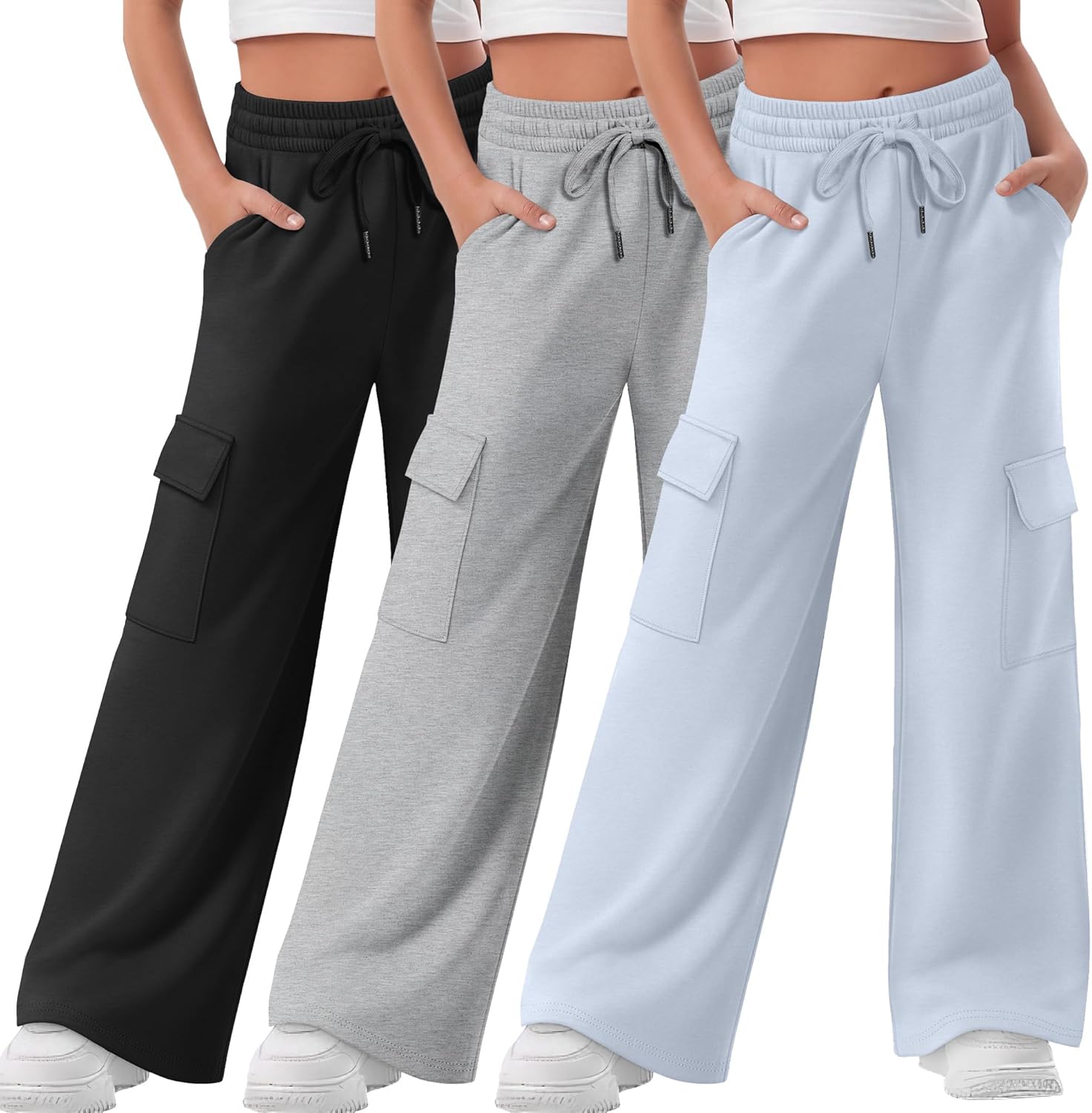3 Pack Girls Wide Leg Sweatpants Kids Cargo Baggy Pants Drawstring Casual Athletic Joggers for Teens 5-14 Years