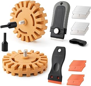 Gomake Decal Remover Eraser Wheel Tool Kit with Drill Adapter Vinyl Decal Adhesive Removal Tool with Razor Blade Scraper for Removing Pinstripes, Stickers (Mix, 2 Pack Slotted)