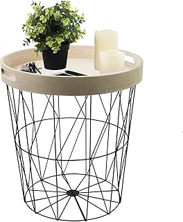 Mesa auxiliar redonda, 40 x 45 cm, con canasta de metal negro y bandeja para servir