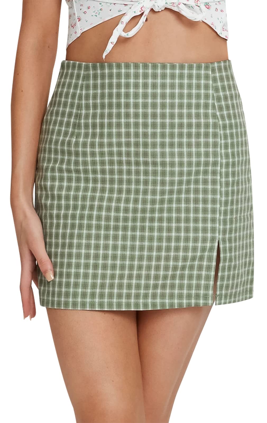 FEOYA Falda Corta de Tubo para Mujeres a Cuadros con Cintura Alta Ajustable Minifalda para Verano Primavera Fiesta Tenis Bádminton Viaje