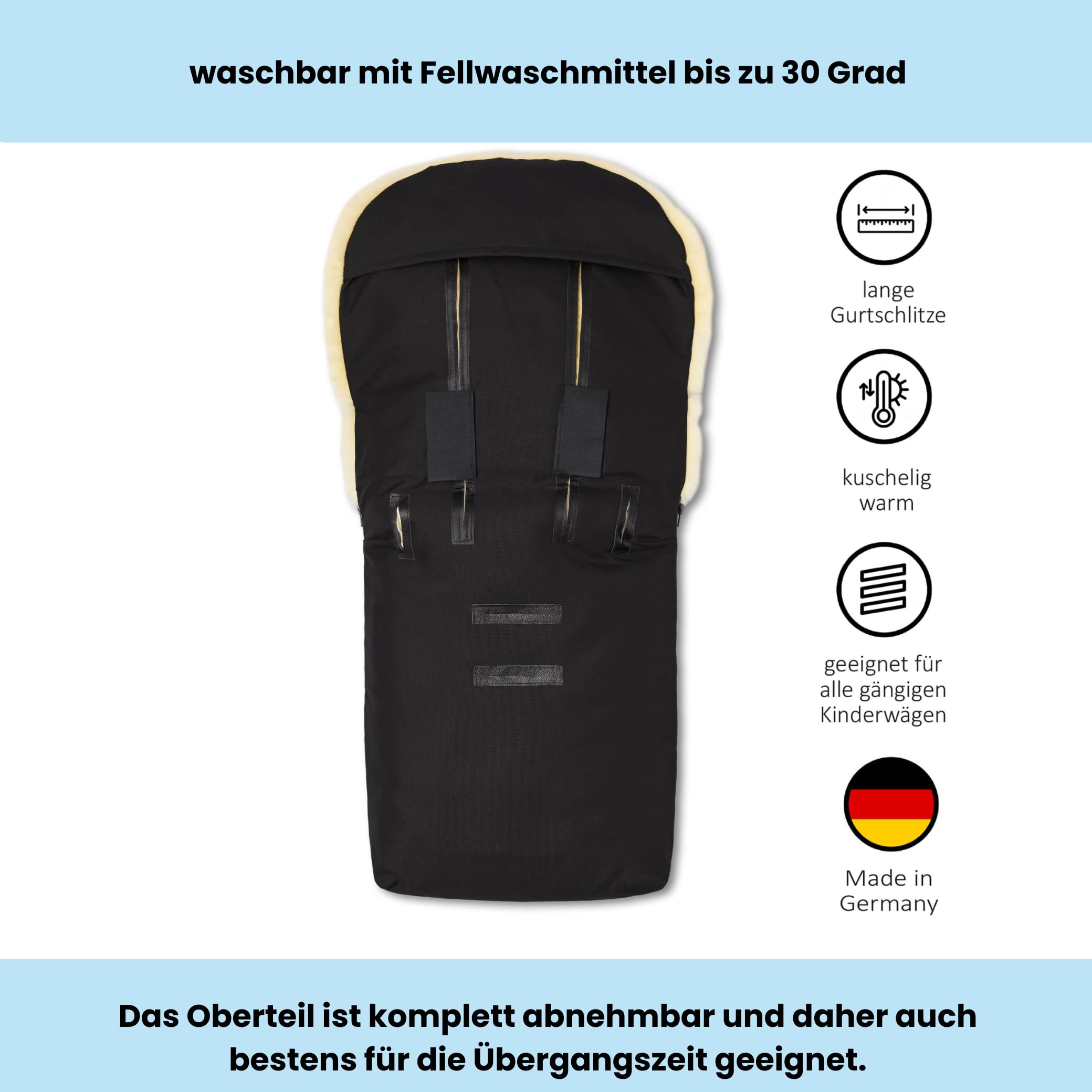 Hofbrucker Lammfell-Fußsack Putzi Limited, schwarz | Warmer Fußsack für Kinderwagen, Buggy, Tragetasche, Stepp-Design, Made in Germany