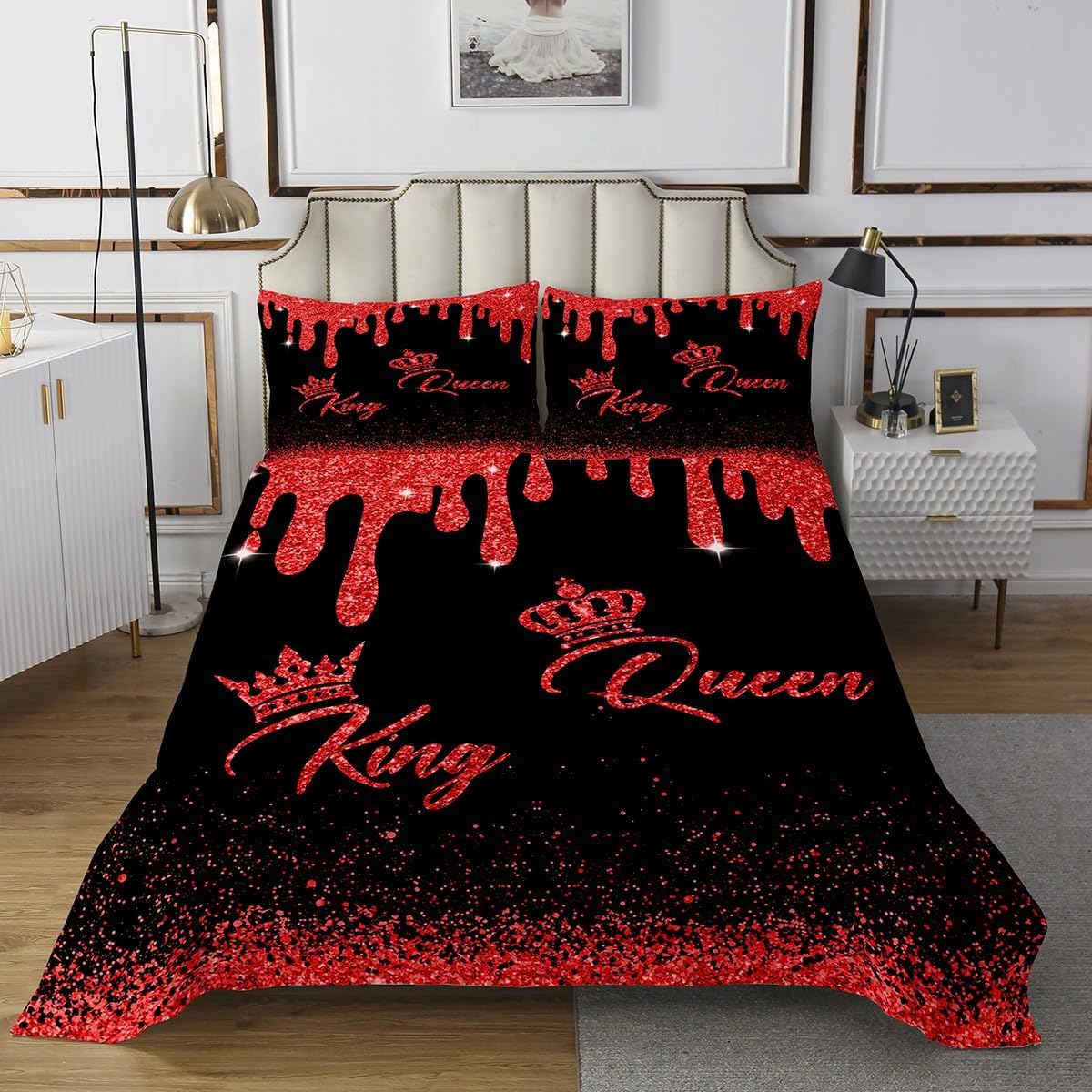 Manfei Love Heart Print Bedspread Twin Size Bedding for Kids Teens Bedroom Red Crown Sequin Fluid Art Decor Coverlet Set His and Hers Mr Mrs Quilt Set for All Season,2 Pcs with 1 Pillowcase